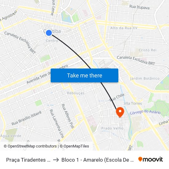 Praça Tiradentes → Terminal Pinhais to Bloco 1 - Amarelo (Escola De Educação E Ciências Humanas) map