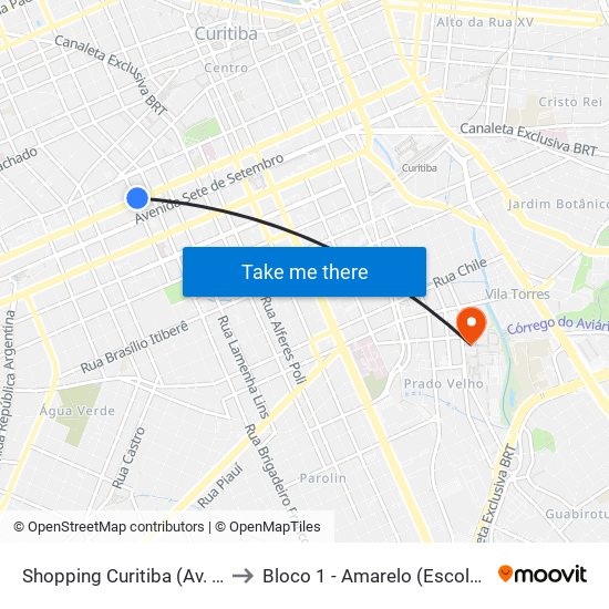 Shopping Curitiba (Av. Visconde De Guarapuava, 3850) to Bloco 1 - Amarelo (Escola De Educação E Ciências Humanas) map