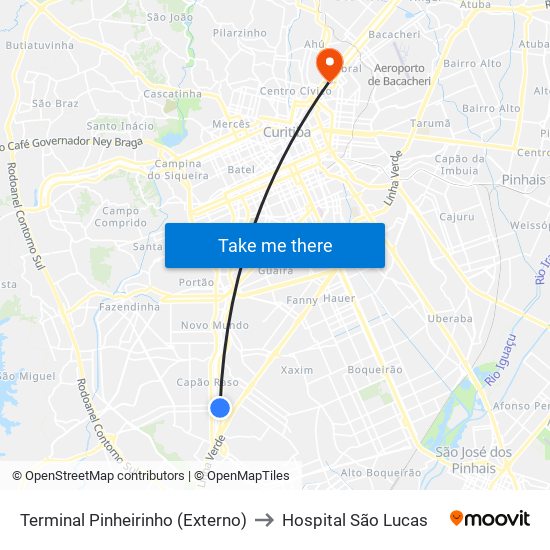 Terminal Pinheirinho (Externo) to Hospital São Lucas map