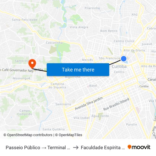 Passeio Público → Terminal Santa Cândida to Faculdade Espírita Do Paraná map
