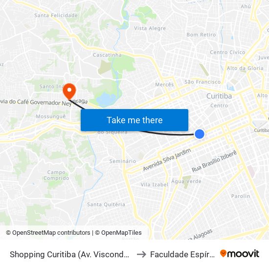 Shopping Curitiba (Av. Visconde De Guarapuava, 3850) to Faculdade Espírita Do Paraná map