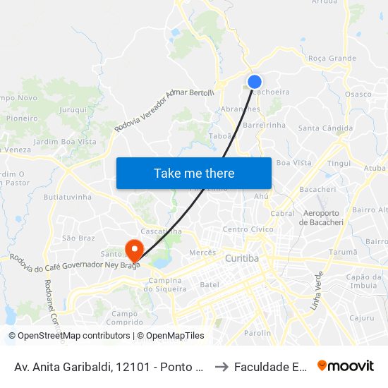 Av. Anita Garibaldi, 12101 - Ponto De Integração Temporal (Desembarque) to Faculdade Espírita Do Paraná map