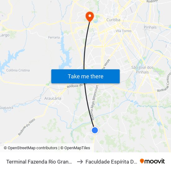 Terminal Fazenda Rio Grande (Externo) to Faculdade Espírita Do Paraná map