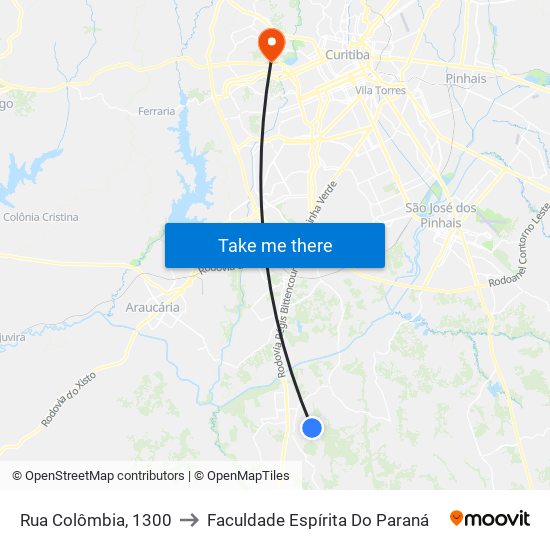 Rua Colômbia, 1300 to Faculdade Espírita Do Paraná map