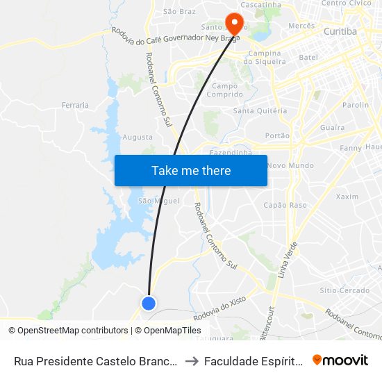 Rua Presidente Castelo Branco, Senai Araucária to Faculdade Espírita Do Paraná map