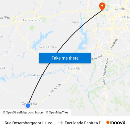 Rua Desembargador Lauro Lopes, 135 to Faculdade Espírita Do Paraná map