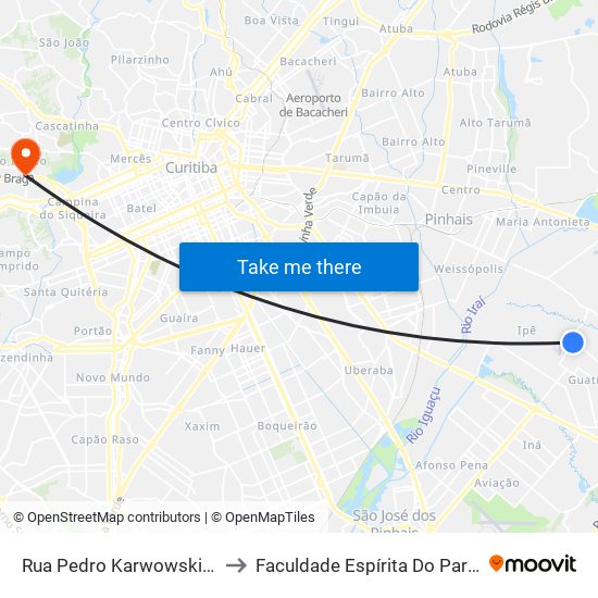 Rua Pedro Karwowski, 65 to Faculdade Espírita Do Paraná map