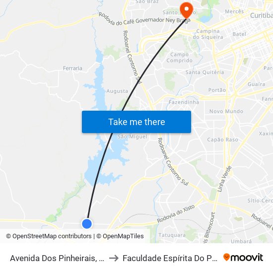 Avenida Dos Pinheirais, 1767 to Faculdade Espírita Do Paraná map