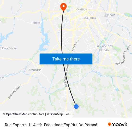 Rua Esparta, 114 to Faculdade Espírita Do Paraná map