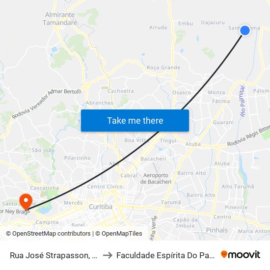 Rua José Strapasson, 900 to Faculdade Espírita Do Paraná map