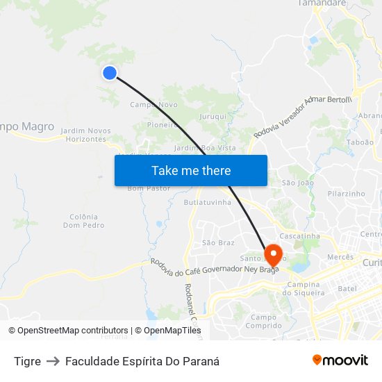 Tigre to Faculdade Espírita Do Paraná map