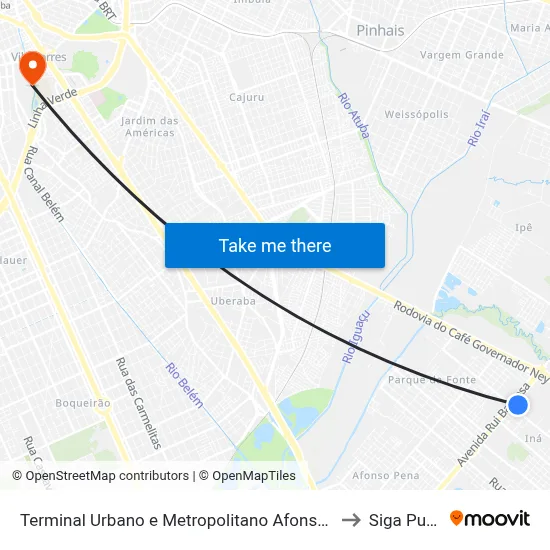 Terminal Urbano e Metropolitano Afonso Pena to Siga Pucpr map