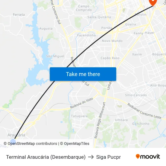 Terminal Araucária (Desembarque) to Siga Pucpr map