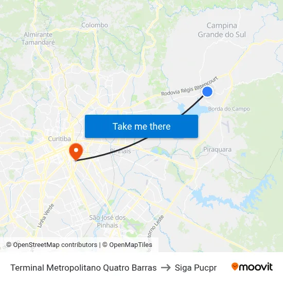 Terminal Metropolitano Quatro Barras to Siga Pucpr map