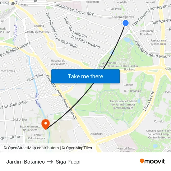 Jardim Botânico to Siga Pucpr map