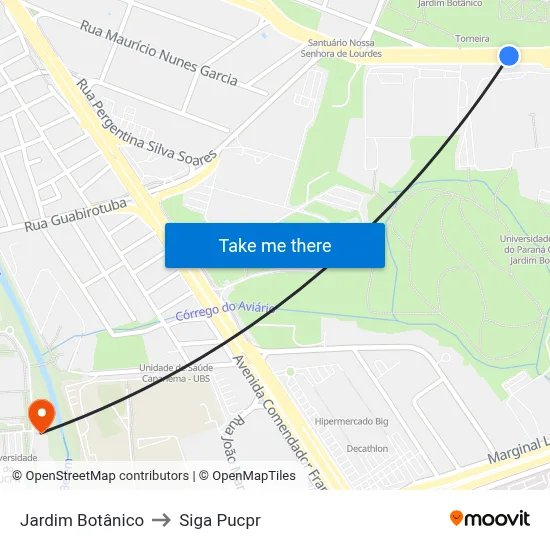 Jardim Botânico to Siga Pucpr map