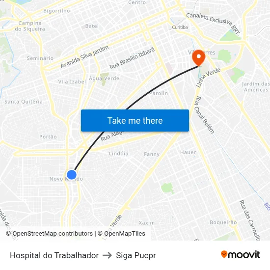 Hospital do Trabalhador to Siga Pucpr map