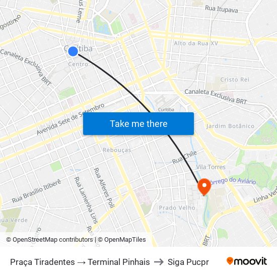Praça Tiradentes → Terminal Pinhais to Siga Pucpr map