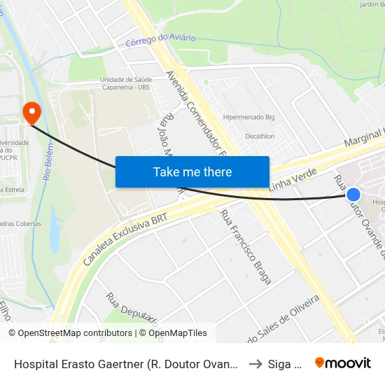 Hospital Erasto Gaertner (R. Doutor Ovande do Amaral, 201) to Siga Pucpr map