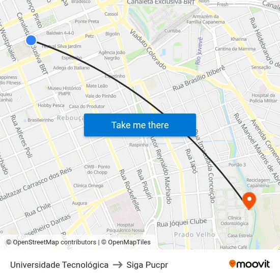 Universidade Tecnológica to Siga Pucpr map