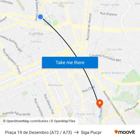 Praça 19 de Dezembro (A72 / A73) to Siga Pucpr map