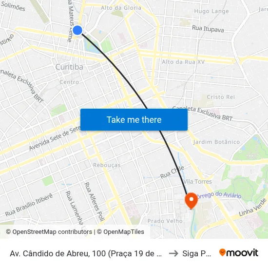 Av. Cândido de Abreu, 100 (Praça 19 de Dezembro) to Siga Pucpr map