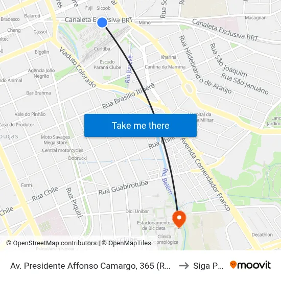 Av. Presidente Affonso Camargo, 365 (Rodoferroviária) to Siga Pucpr map