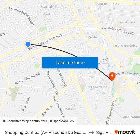 Shopping Curitiba (Av. Visconde De Guarapuava, 3850) to Siga Pucpr map