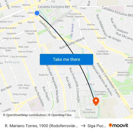 R. Mariano Torres, 1900 (Rodoferroviária) to Siga Pucpr map