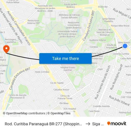 Rod. Curitiba Paranaguá BR-277 (Shopping Jardim das Américas) to Siga Pucpr map