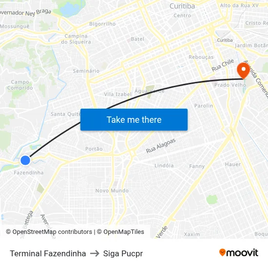 Terminal Fazendinha to Siga Pucpr map