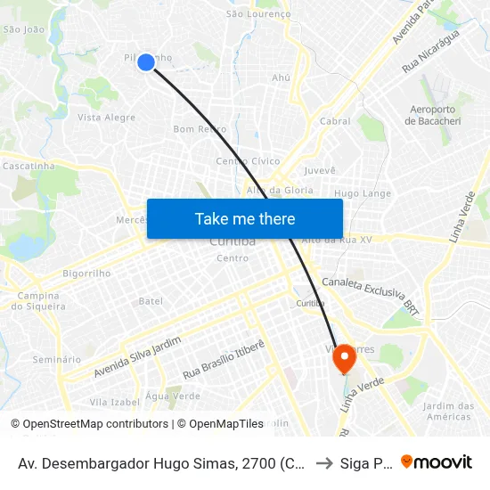 Av. Desembargador Hugo Simas, 2700 (Cruz do Pilarzinho) to Siga Pucpr map
