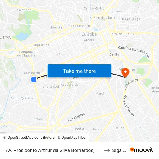 Av. Presidente Arthur da Silva Bernardes, 100 (Fonte de Jerusalém) to Siga Pucpr map