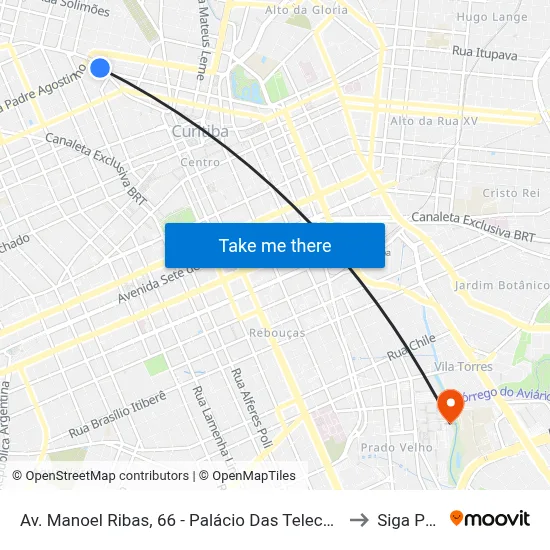 Av. Manoel Ribas, 66 - Palácio Das Telecomunicações to Siga Pucpr map