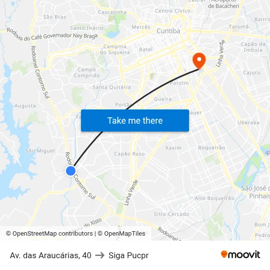 Av. das Araucárias, 40 to Siga Pucpr map