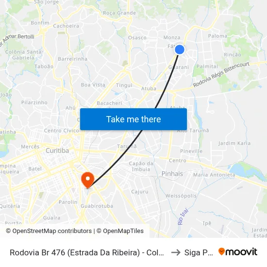Rodovia Br 476 (Estrada Da Ribeira) - Colombo Shopping to Siga Pucpr map