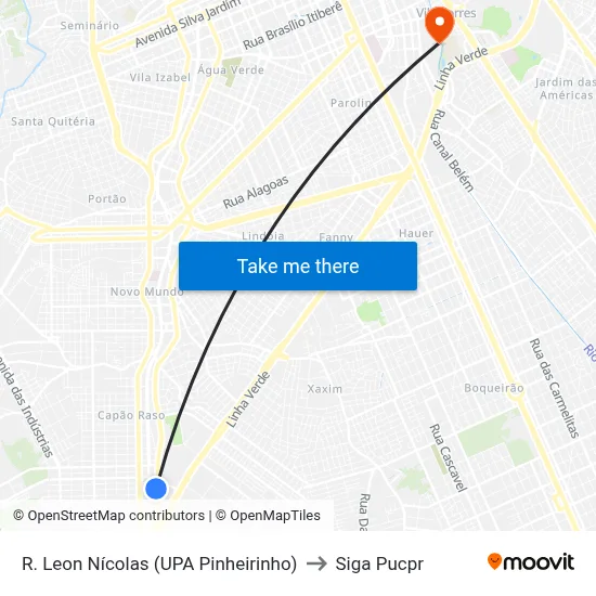 R. Leon Nícolas (UPA Pinheirinho) to Siga Pucpr map