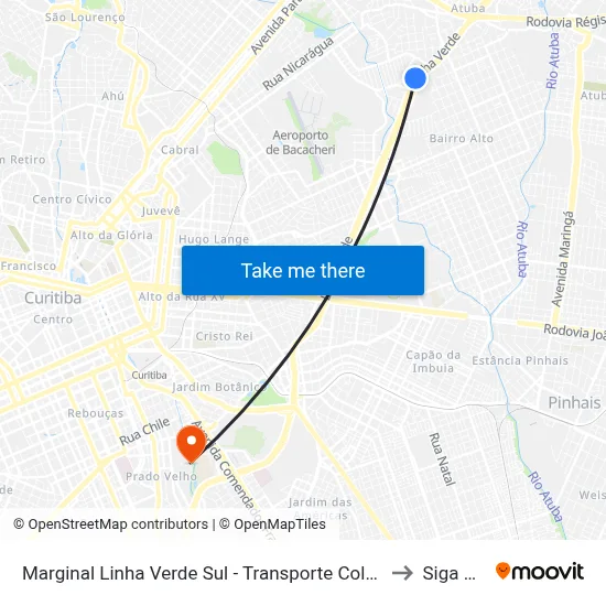 Marginal Linha Verde Sul - Transporte Coletivo Glória (Atuba) to Siga Pucpr map