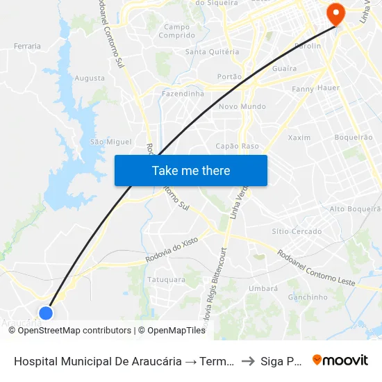 Hospital Municipal De Araucária → Terminal Central to Siga Pucpr map