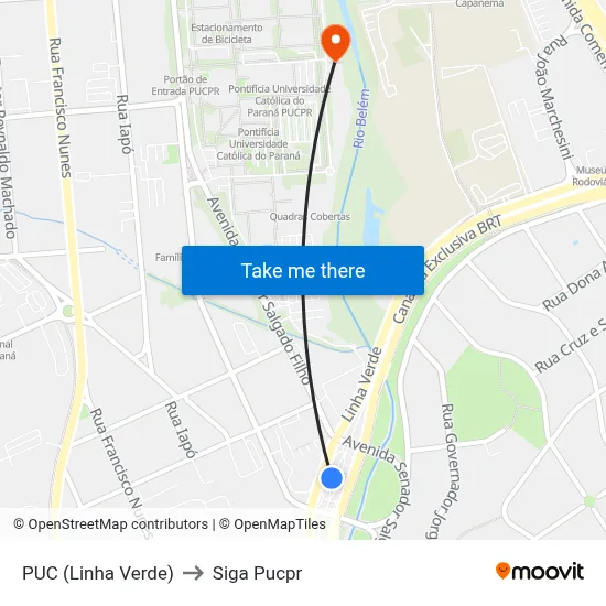 PUC (Linha Verde) to Siga Pucpr map