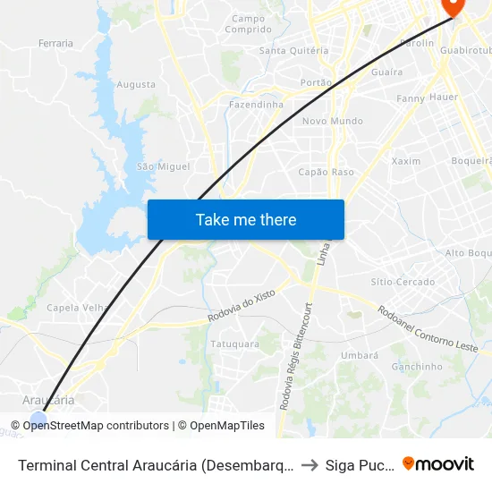 Terminal Central Araucária (Desembarque) to Siga Pucpr map