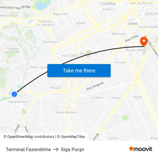 Terminal Fazendinha to Siga Pucpr map