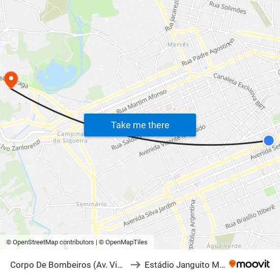 Corpo De Bombeiros (Av. Visconde De Guarapuava, 3571) to Estádio Janguito Malucelli - Eco Estádio map