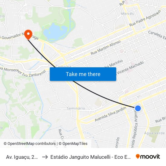 Av. Iguaçu, 2700 to Estádio Janguito Malucelli - Eco Estádio map