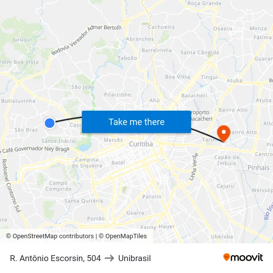 R. Antônio Escorsin, 504 to Unibrasil map