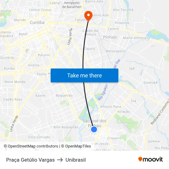 Praça Getúlio Vargas to Unibrasil map