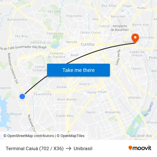 Terminal Caiuá (702 / X36) to Unibrasil map