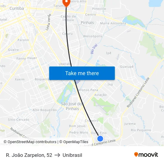 R. João Zarpelon, 52 to Unibrasil map