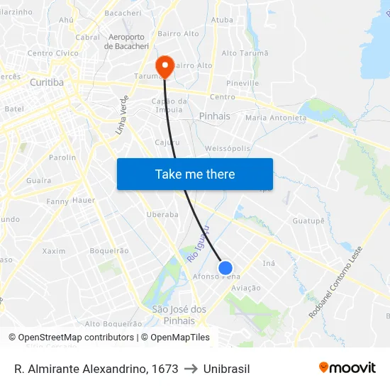 R. Almirante Alexandrino, 1673 to Unibrasil map