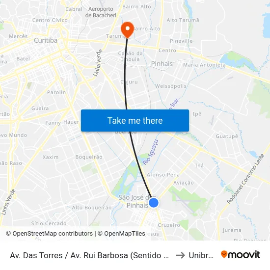 Av. Das Torres / Av. Rui Barbosa (Sentido Curitiba) to Unibrasil map
